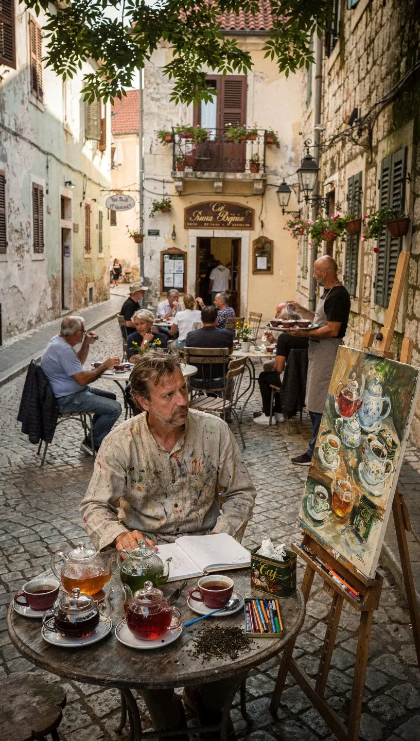 Čajna posuda s ručno rađenim uzorcima, okružena suhim biljem i cvijećem.