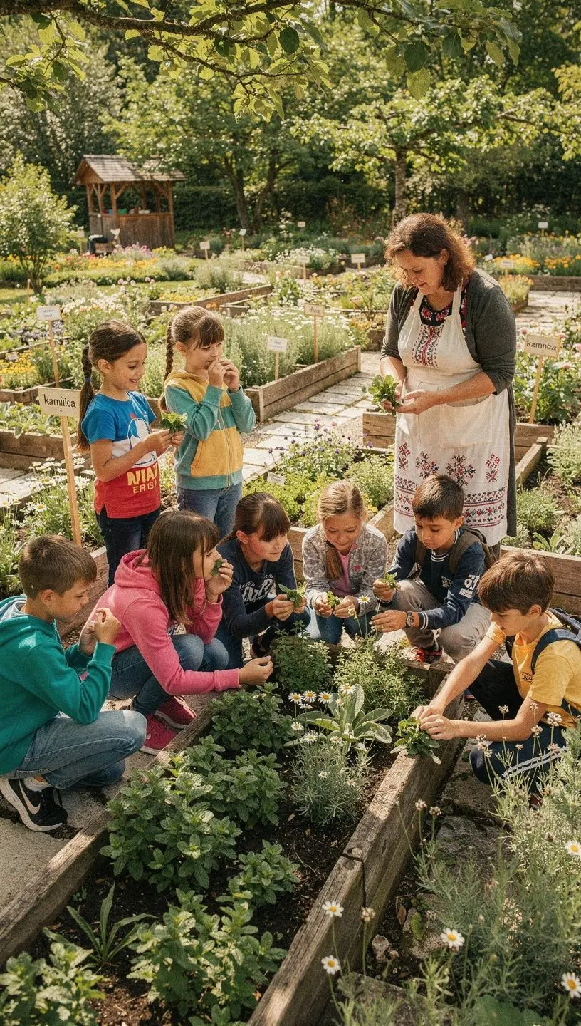 Kupa čaja s aromatičnim biljem, poslužena uz domaći kolač na starinskoj čajnoj podlozi.