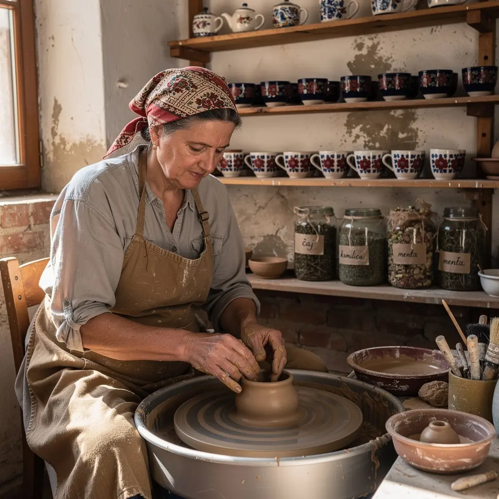 Šalica čaja s prirodnim okusima, postavljena na stolu prekrivenom ručno rađenim stolnjakom.