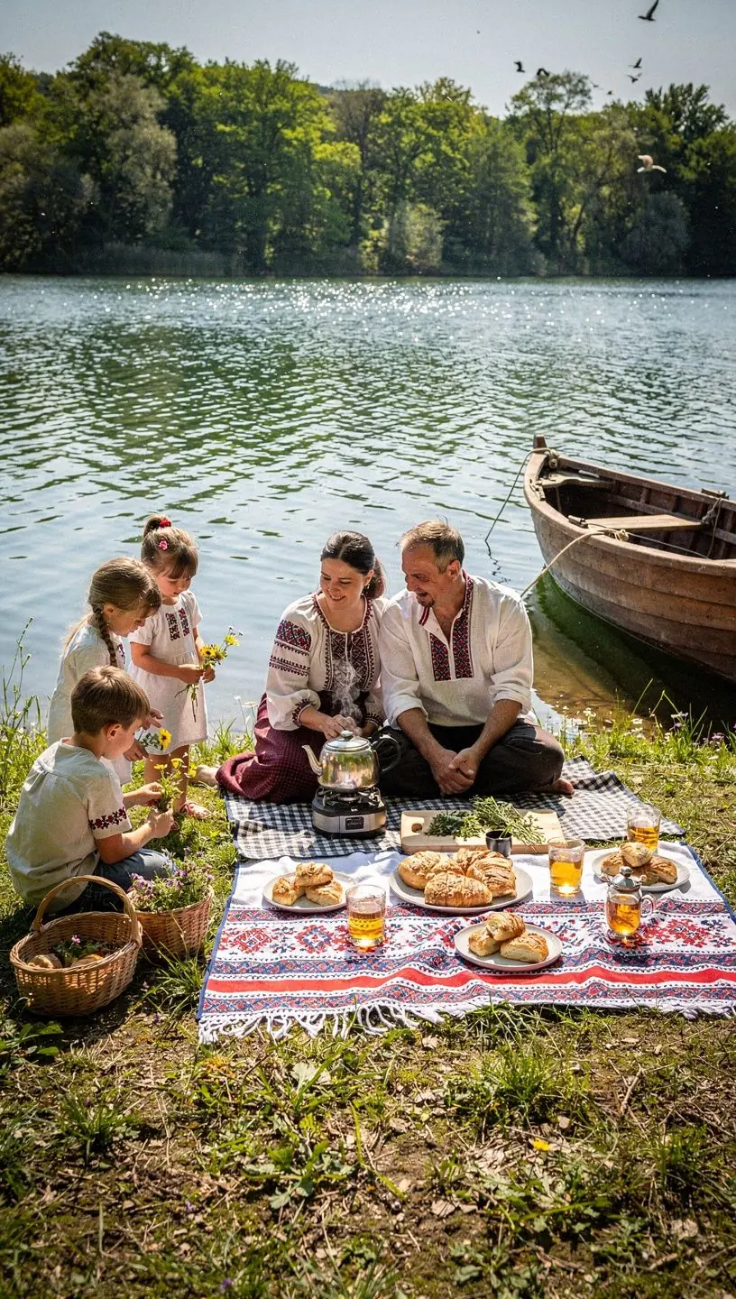 Zalazak sunca nad planinama dok se priprema čaj od kamilice.